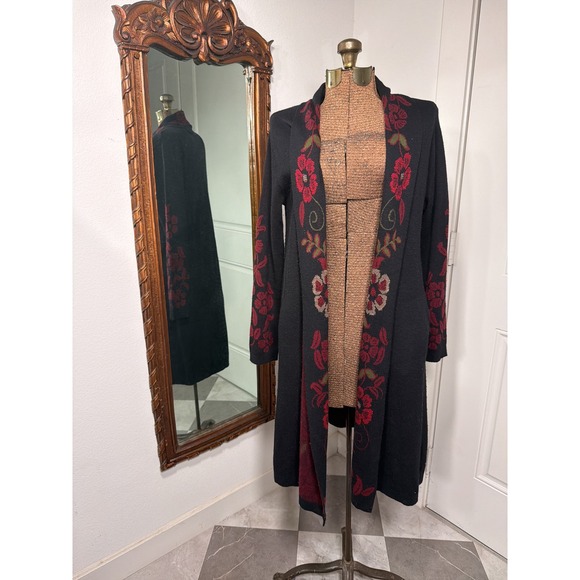 Maxsport Sweaters - Maxsport Womens Black Red Floral Embroidered Longline Cardigan Duster Sweater M